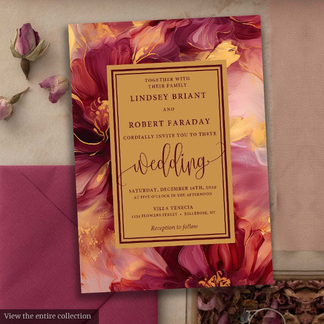 Invitación Elegante Boda de Rosas Lux Burgundy Rubor Gold (Elegant Lux Burgundy Blush Gold Roses Wedding Invitation)