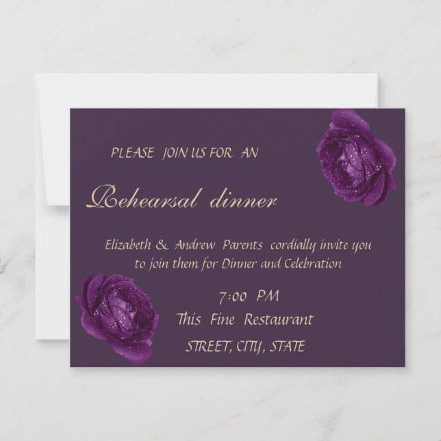 Invitación Elegante Boda de Rosas púrpura para cenar (Anverso)