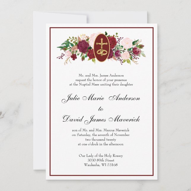Invitación Elegante Boda de Rosas religiosos católicos (Anverso)