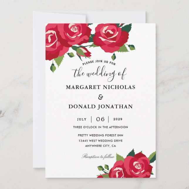 Invitación Elegante Boda de rosas rojas (Anverso)