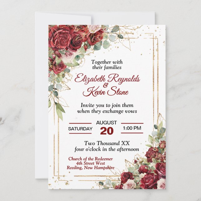Invitación Elegante Boda de rosas rojas (Anverso)