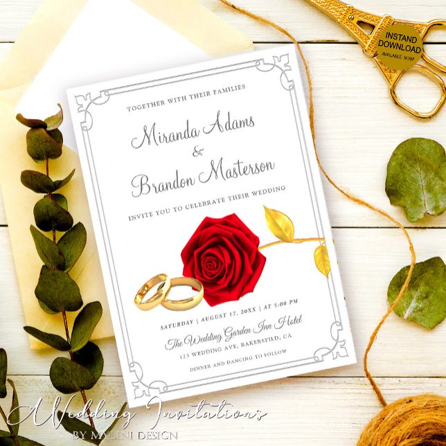 Invitación Elegante Boda de Rosas Rojas Florales de Oro (Subido por el creador)
