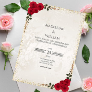 Invitación Elegante Boda de Rosas Rojas Románticas de Oro