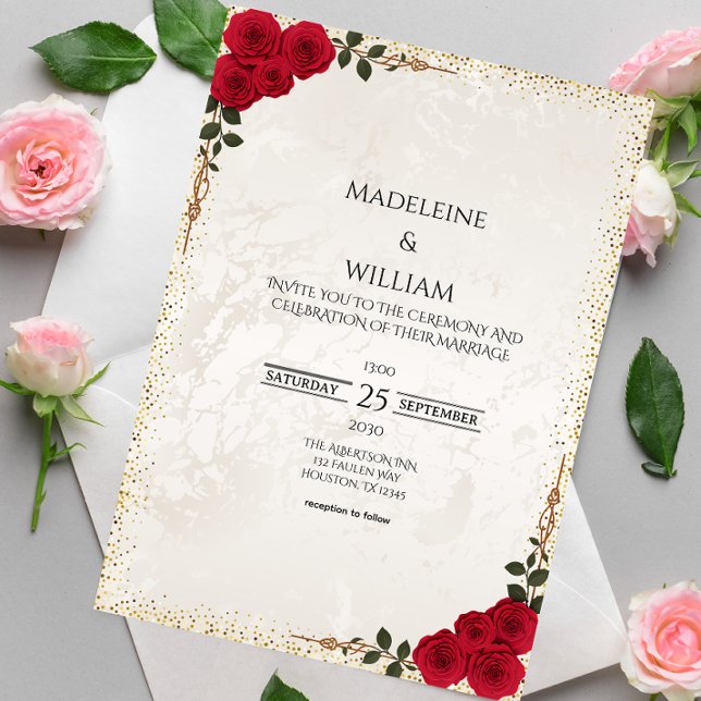 Invitación Elegante Boda de Rosas Rojas Románticas de Oro (Subido por el creador)