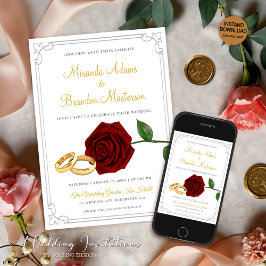 Invitación Elegante Boda de Rosas Rojas y Anillos Borgoña