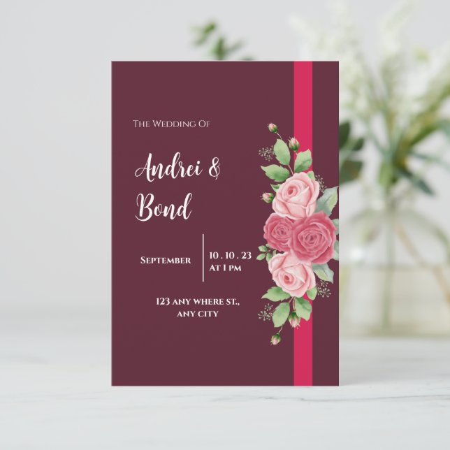 Invitación Elegante Boda de rosas rojas y rosas (Anverso de pie)