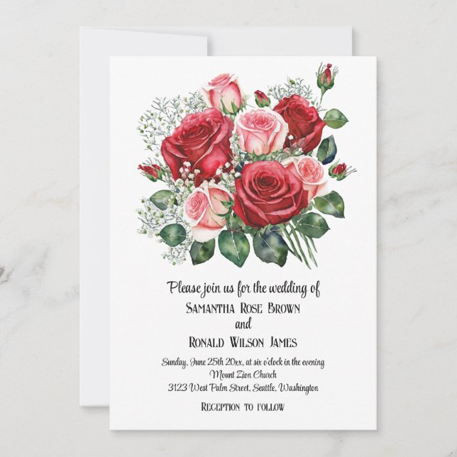 Invitación Elegante Boda de rosas rojas y rosas (Anverso)