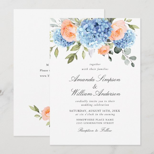 Invitación Elegante Boda de rosas rosadas de Rubor Hydrangea  (Anverso / Reverso)