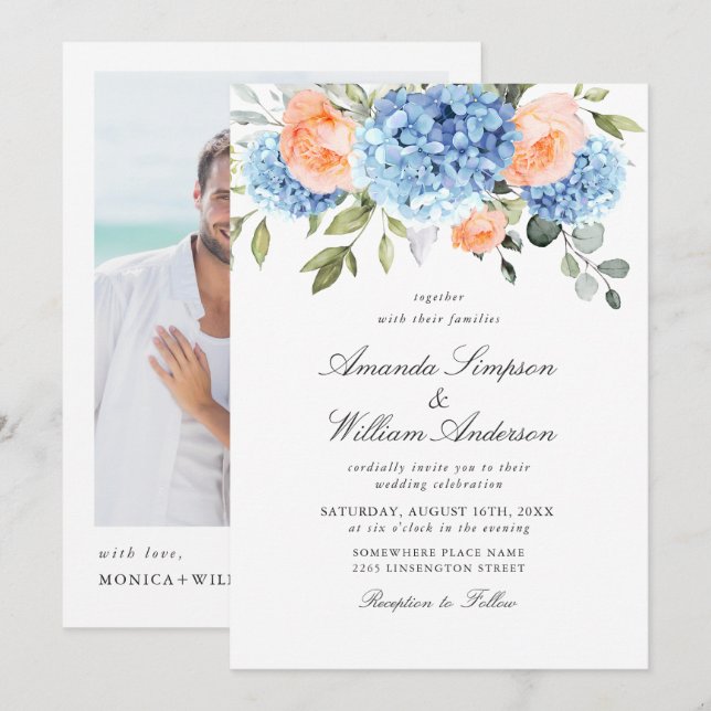 Invitación Elegante Boda de rosas rosadas de Rubor Hydrangea  (Anverso / Reverso)