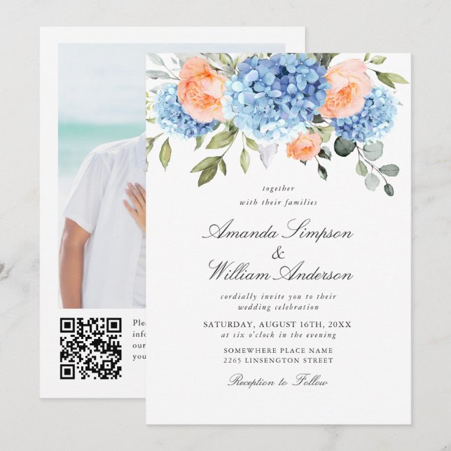 Invitación Elegante Boda de rosas rosadas de Rubor Hydrangea  (Anverso / Reverso)