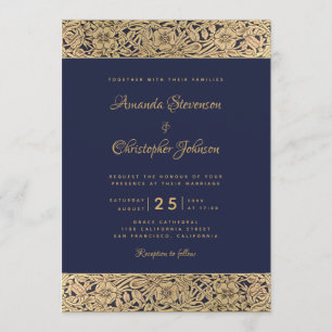Invitación Elegante Boda de Rosas salvajes de la Marina Azul 