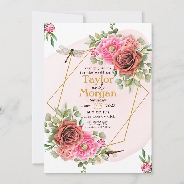 Invitación Elegante Boda de rosas y libélulas rosadas (Anverso)
