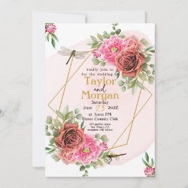 Invitación Elegante Boda de rosas y libélulas rosadas