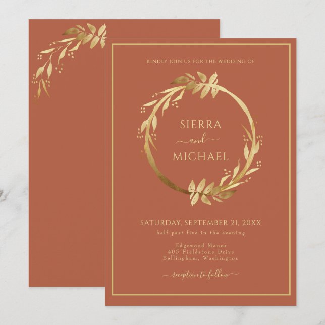 Invitación Elegante Boda de roya de terracota dorada (Anverso / Reverso)
