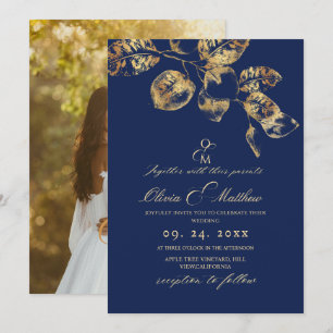 Invitación Elegante Boda de Royal Blue y Gold Leafs