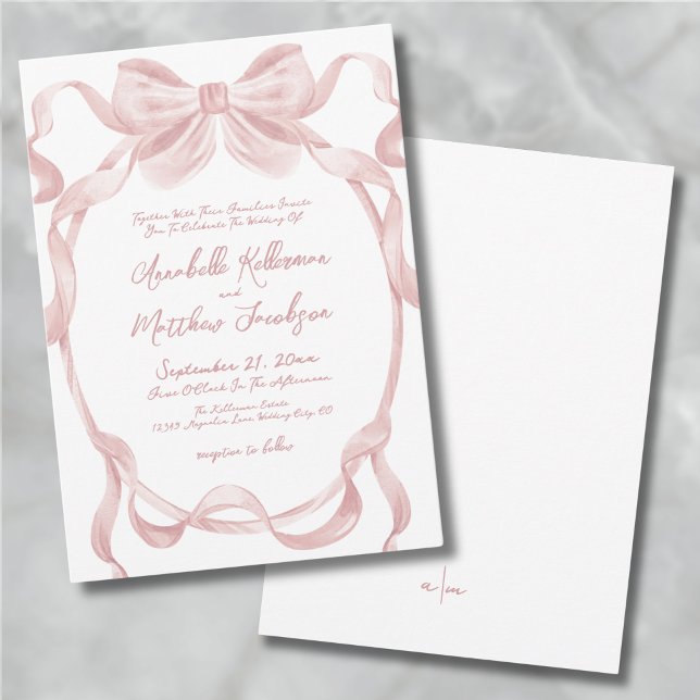 Invitación Elegante Boda de Rubor Pink Bow Whimsical (Elegant Blush Pink Bow Whimsical Wedding Invitation)