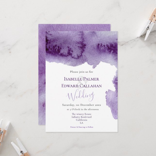 Invitación Elegante Boda de Salpicaduras de Acuarela Violeta  (Anverso/Reverso In Situ)