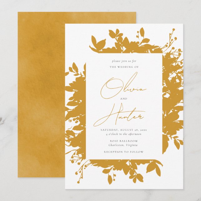 Invitación Elegante Boda de silueta floral mostaza amarillo (Anverso / Reverso)