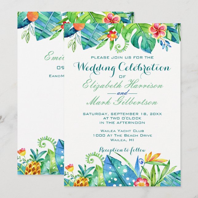 Invitación Elegante Boda de sitio web de Boda tropical floral (Anverso / Reverso)