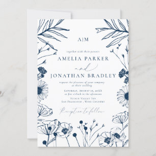 Invitación Elegante Boda de sketch floral azul moderno
