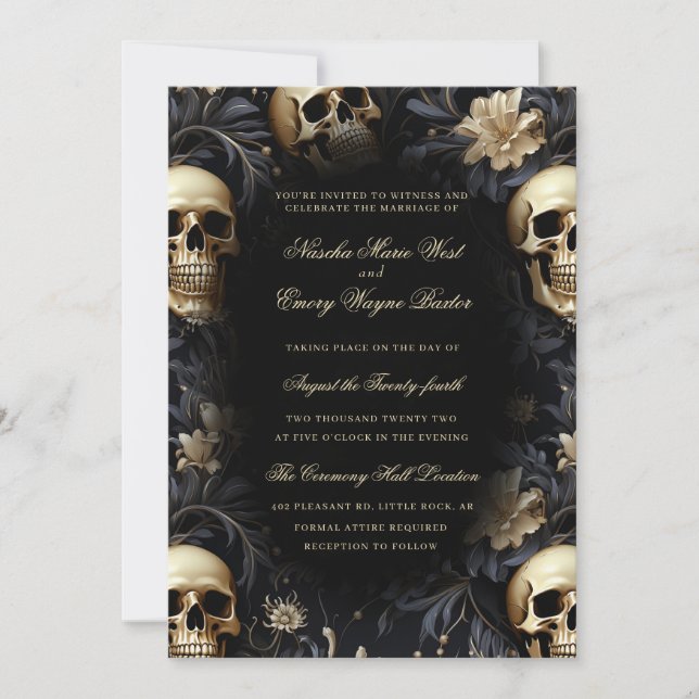 Invitación Elegante Boda de Skulls y Flores de Oro Gótico (Anverso)