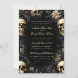 Invitación Elegante Boda de Skulls y Flores de Oro Gótico