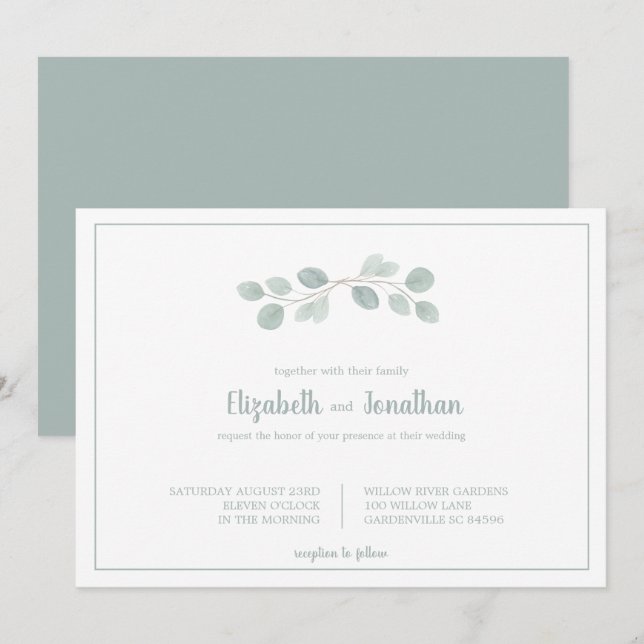 Invitación Elegante Boda de Sucursal Eucalyptus (Anverso / Reverso)