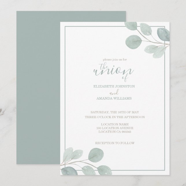 Invitación Elegante Boda de Sucursal Eucalyptus (Anverso / Reverso)