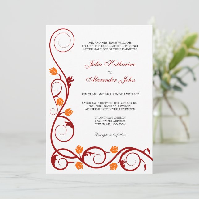 Invitación Elegante Boda de Swirls Rojo y Naranja (Anverso de pie)