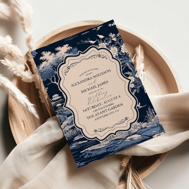 Invitación Elegante Boda de tela azul de Jouy (Subido por el creador)