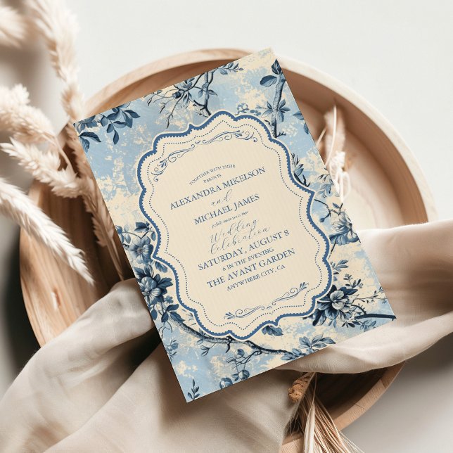 Invitación Elegante Boda de tela azul de Jouy (Subido por el creador)