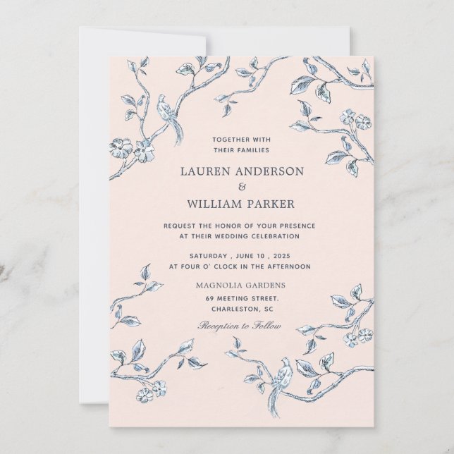 Invitación Elegante boda de tela azul y blanco francés (Anverso)