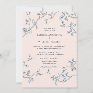 Invitación Elegante boda de tela azul y blanco francés