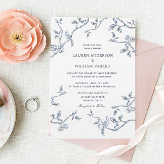 Invitación Elegante boda de tela azul y blanco francés