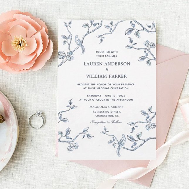 Invitación Elegante boda de tela azul y blanco francés (Subido por el creador)