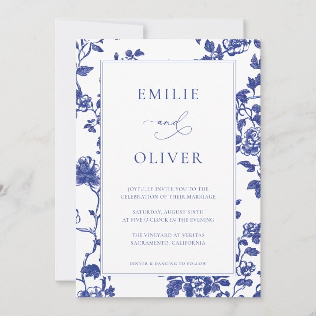Invitación Elegante Boda de tela floral azul de la Marina (Anverso)