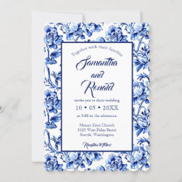 Invitación Elegante Boda de tela floral azul y blanca