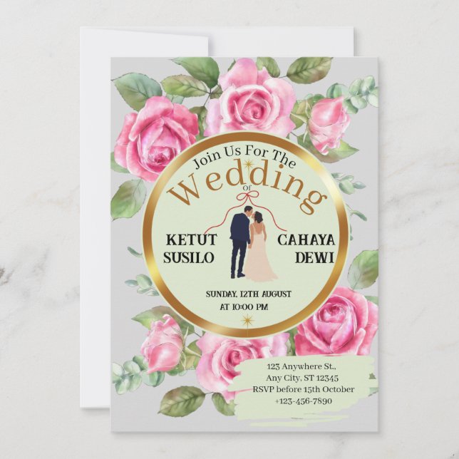 Invitación Elegante Boda de temática Rosa con Novia y Groom (Anverso)