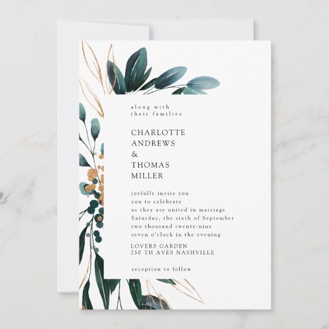 Invitación Elegante Boda de Tendencia Botánica Azul (Anverso)