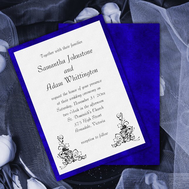 Invitación Elegante Boda de terciopelo azul y adornos negros (Subido por el creador)