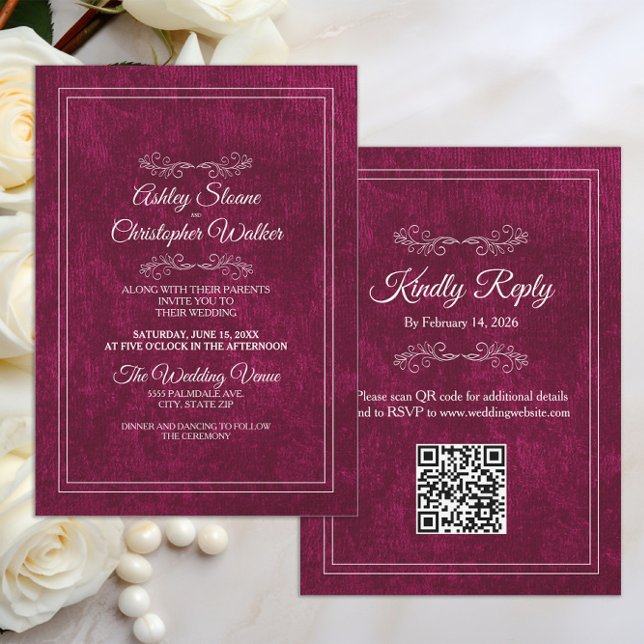 Invitación Elegante Boda de Terciopelo Burgundy Blanco código (Burgundy velvet wedding invitation with your QR code)