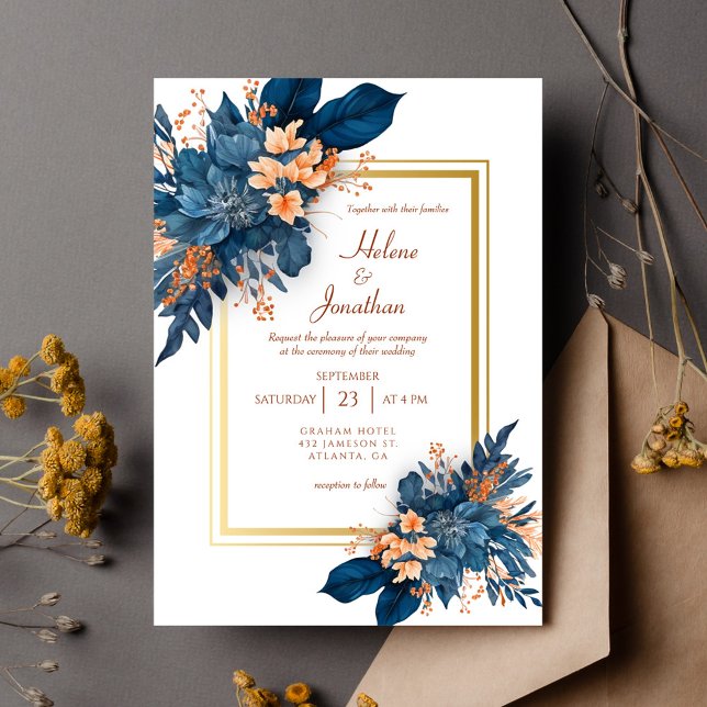 Invitación Elegante Boda de Terracota Azul de la Marina Azul (Elegant Classic Navy Blue Terracotta Wedding Invitation)