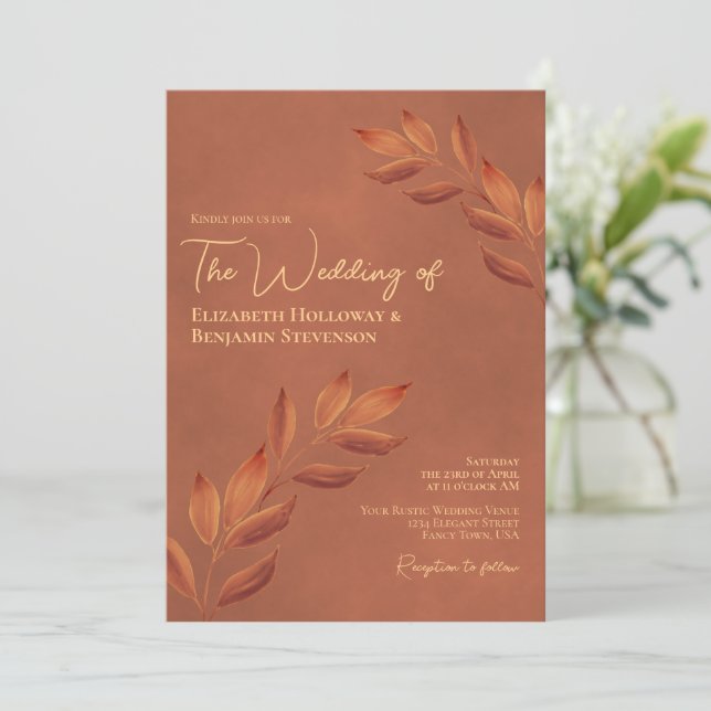 Invitación Elegante Boda de Terracota de Moda con hojas de al (Anverso de pie)