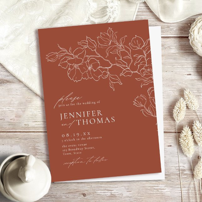 Invitación Elegante boda de terracota floral dibujado a mano (Subido por el creador)