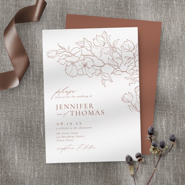 Invitación Elegante boda de terracota floral dibujado a mano (Subido por el creador)