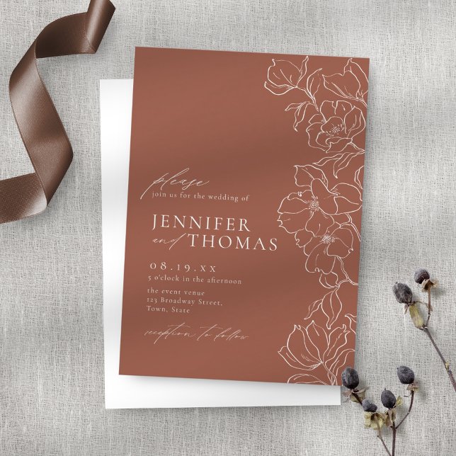 Invitación Elegante boda de terracota floral dibujado a mano (Subido por el creador)