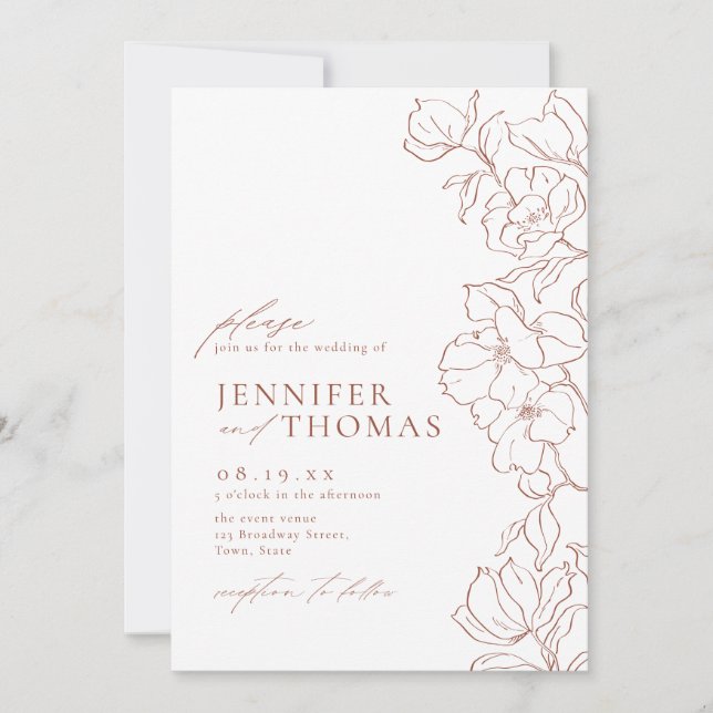 Invitación Elegante boda de terracota floral dibujado a mano (Anverso)