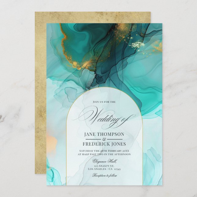Invitación Elegante Boda de tinta azul turquesa y dorada (Anverso / Reverso)