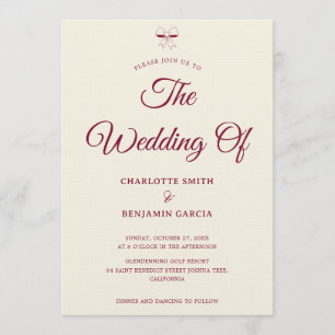 Invitación Elegante Boda de Tinta Burgundy Crema con Lazo