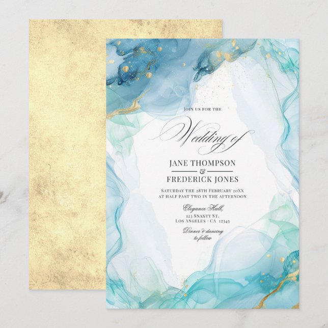 Invitación Elegante Boda de tinta de mármol azul y dorado (Anverso / Reverso)